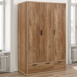 Seward Wooden Wardrobe With 3 Doors 2 Drawers In Rustic Oak