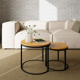 Suva Matt Wild Oak Melamine Top Nesting Tables with Matt Black Steel Base