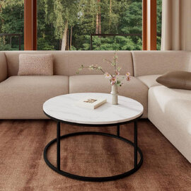 Suva White Marble Granada Top Coffee Table with Matt Black Steel Base