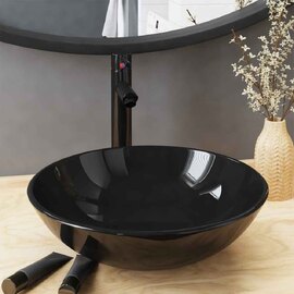 Tacoma Round Countertop Basin 420mm Wide With Black Tap And Waste - Black Glass