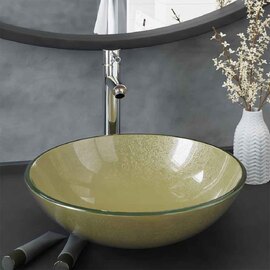 Tacoma Round Countertop Basin 420mm Wide With Chrome Tap And Waste - Gold Glass