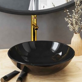 Tacoma Round Countertop Basin 420mm Wide With Gold Tap And Waste - Black Glass