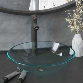 Tacoma Round Countertop Basin 420mm Wide With Grey Tap And Waste - Clear Glass