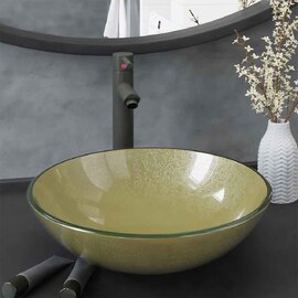 Tacoma Round Countertop Basin 420mm Wide With Grey Tap And Waste - Gold Glass