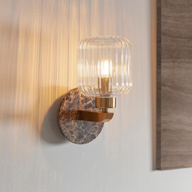 Tarrytown Ribbed Glass Wall Light In Brown Emperador Marble