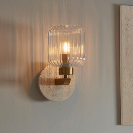 Tarrytown Ribbed Glass Wall Light In Natural Travertine Stone