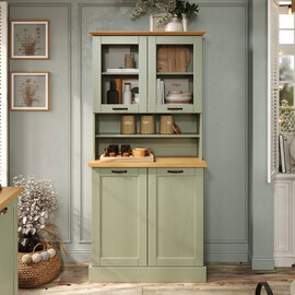 Telmira Wooden Coffee Station with 4 Doors in Sage Green and Stained Wax