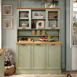 Telmira Wooden Coffee Station with 5 Doors in Sage Green and Stained Wax