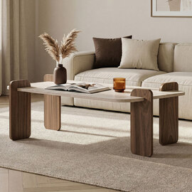 Tervan Rectangular Wooden Coffee Table in Travertine Marble Effect and Walnut