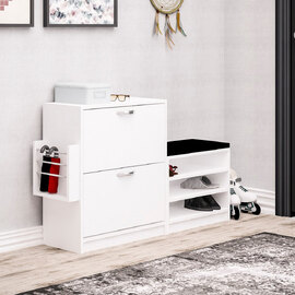 Tlosio Wooden Shoe Storage Cabinet with Bench in White