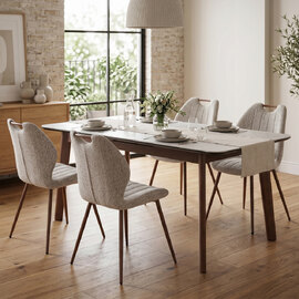 Tomah Walnut Sintered Stone Top Extending Dining Table with 4 Latte Chairs