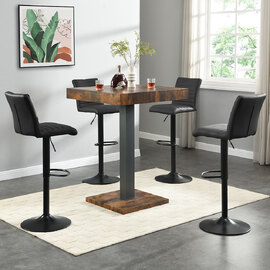 Topaz Rustic Oak Bar Table With Black Base 4 Ripple Black Stools