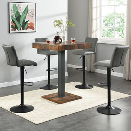 Topaz Rustic Oak Bar Table With Black Base 4 Ripple Grey Stools