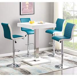 Topaz White High Gloss Bar Table With 4 Ritz Teal White Stools