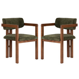 Tovaro Walnut Fabric Dining Chairs with Green Wooden Frame in Pair