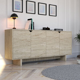 Turan Wooden Sideboard with 4 Doors in Travertine Marble Effect