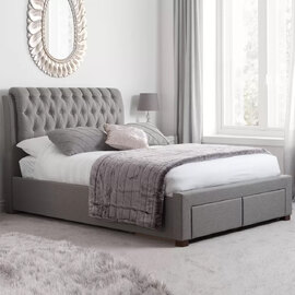 Valentina Fabric Double Bed With 2 Drawers In Grey