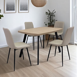 Vardo Light Oak Small Rectangular Wooden Dining Table with 4 Pomel Stone Chairs