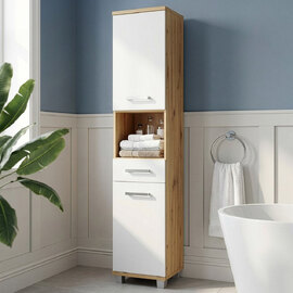Vareon Tall Wooden Bathroom Cabinet in Artisan Oak and Light Grey