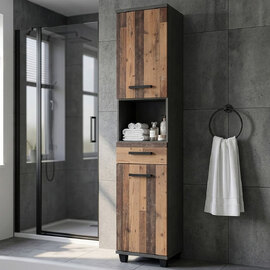 Vareon Tall Wooden Bathroom Cabinet in Walnut and Dark Grey