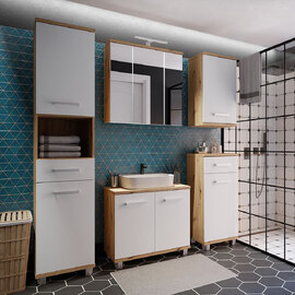 Vareon Wooden Bathroom Furniture Set in Artisan Oak and Light Grey