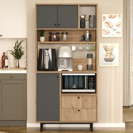 Velano Wooden Coffee Station Cabinet with 3 Anthracite Doors 2 Shelf in Oak