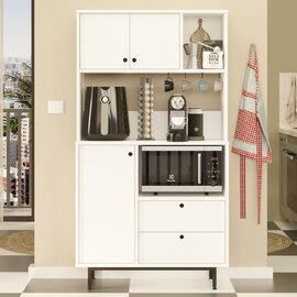 Velano Wooden Coffee Station Cabinet with 3 Doors 2 Drawers in White