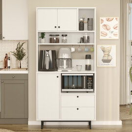 Velano Wooden Coffee Station Cabinet with 3 Doors 2 Shelf in White