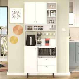 Velano Wooden Coffee Station Cabinet with 3 Doors 4 Shelf in White
