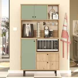 Velano Wooden Coffee Station Cabinet with 3 Green Doors 2 Drawers in Oak