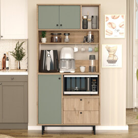 Velano Wooden Coffee Station Cabinet with 3 Green Doors 2 Shelf in Oak