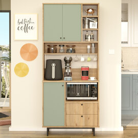 Velano Wooden Coffee Station Cabinet with 3 Green Doors 4 Shelf in Oak