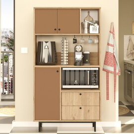 Velano Wooden Coffee Station Cabinet with 3 Tile Red Doors 2 Drawers in Oak