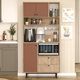 vVelano Wooden Coffee Station Cabinet with 3 Tile Red Doors 2 Shelf in Oak