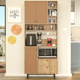Velano Wooden Coffee Station Cabinet with 3 Tile Red Doors 4 Shelf in Oak