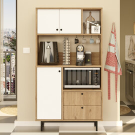 Velano Wooden Coffee Station Cabinet with 3 White Doors 2 Drawers in Oak