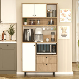 Velano Wooden Coffee Station Cabinet with 3 White Doors 2 Shelf in Oak