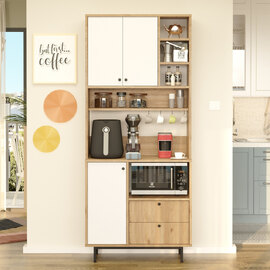 Velano Wooden Coffee Station Cabinet with 3 White Doors 4 Shelf in Oak