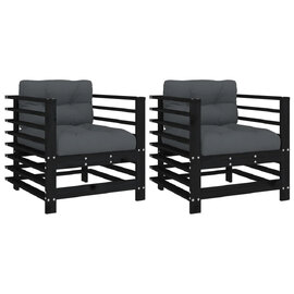Velaro Garden Black Solid Pinewood Armchairs with Anthracite Cushions in Pair