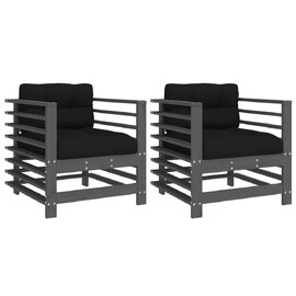 Velaro Garden Grey Solid Pinewood Armchairs with Black Cushions in Pair