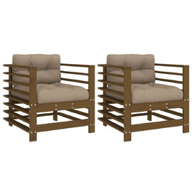 Velaro Garden Honey Brown Solid Pinewood Armchairs with Taupe Cushions in Pair