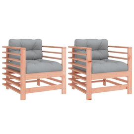 Velaro Garden Natural Solid Pinewood Armchairs with Grey Cushions in Pair