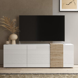 Venice White High Gloss TV Stand 3 Doors In Cadiz Oak