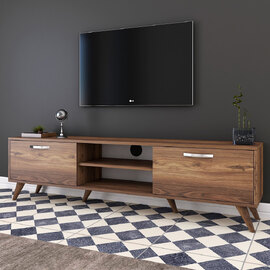 Vensaro Wooden TV Stand With 2 Flap Doors In Walnut