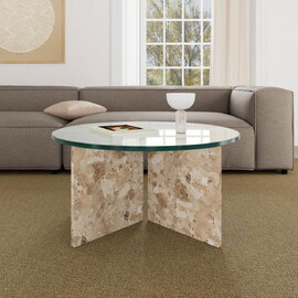 Verdun Clear Tempered Glass Top Coffee Table with Matt Latte Brown Lacquered Marble Base