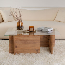 Vetrio Rectangular Clear Glass Coffee Table with Atlantic Pine Wooden Base