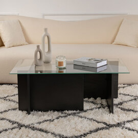 Vetrio Rectangular Clear Glass Coffee Table with Black Wooden Base
