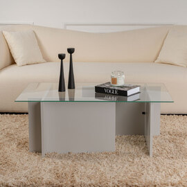Vetrio Rectangular Clear Glass Coffee Table with Grey Wooden Base