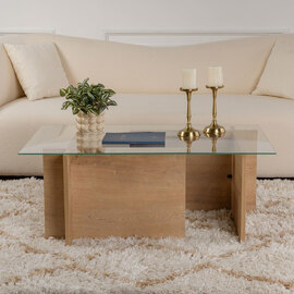 Vetrio Rectangular Clear Glass Coffee Table with Honey Oak Wooden Base