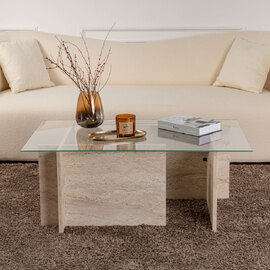 Vetrio Rectangular Clear Glass Coffee Table with Travertine Marble Effect Wooden Base